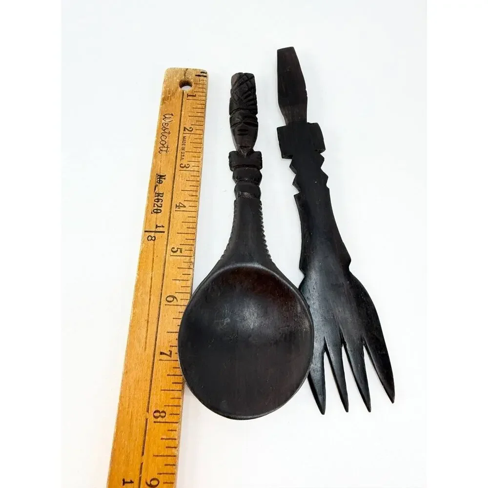 Vintage Hand Carved Wood Salad Serving Set Spoon Fork African Tribal Style